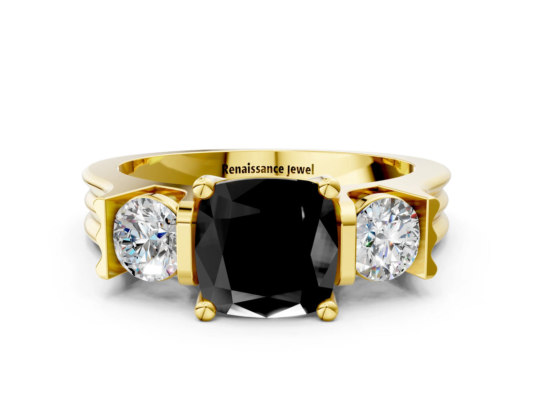 Yellow gold Three-Stone Fancy Black Cushion Cut Cut Classic Band Prong Setting Ring