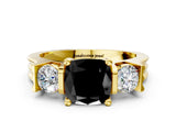 Yellow gold Three-Stone Fancy Black Cushion Cut Cut Classic Band Prong Setting Ring