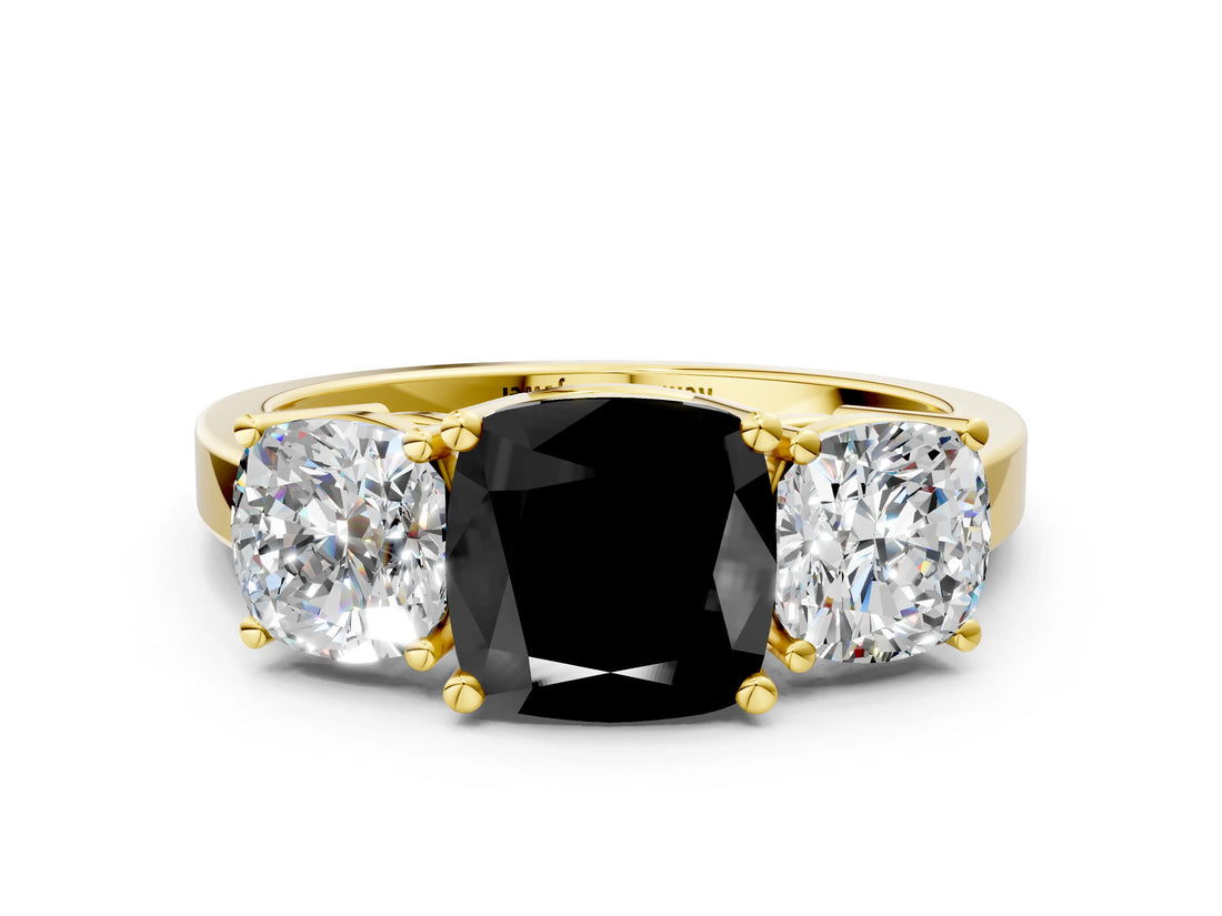 Yellow gold Three-Stone Fancy Black Cushion Cut Cut Diamond Engagement Ring with Flat Band and Four-Prong Setting_12