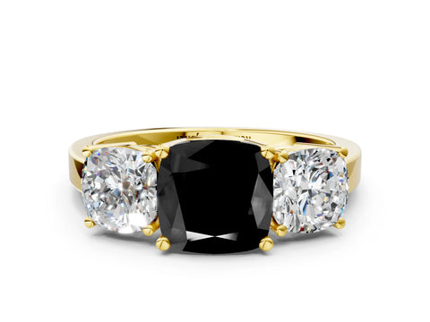 Yellow gold Three-Stone Fancy Black Cushion Cut Cut Diamond Engagement Ring with Flat Band and Four-Prong Setting_12