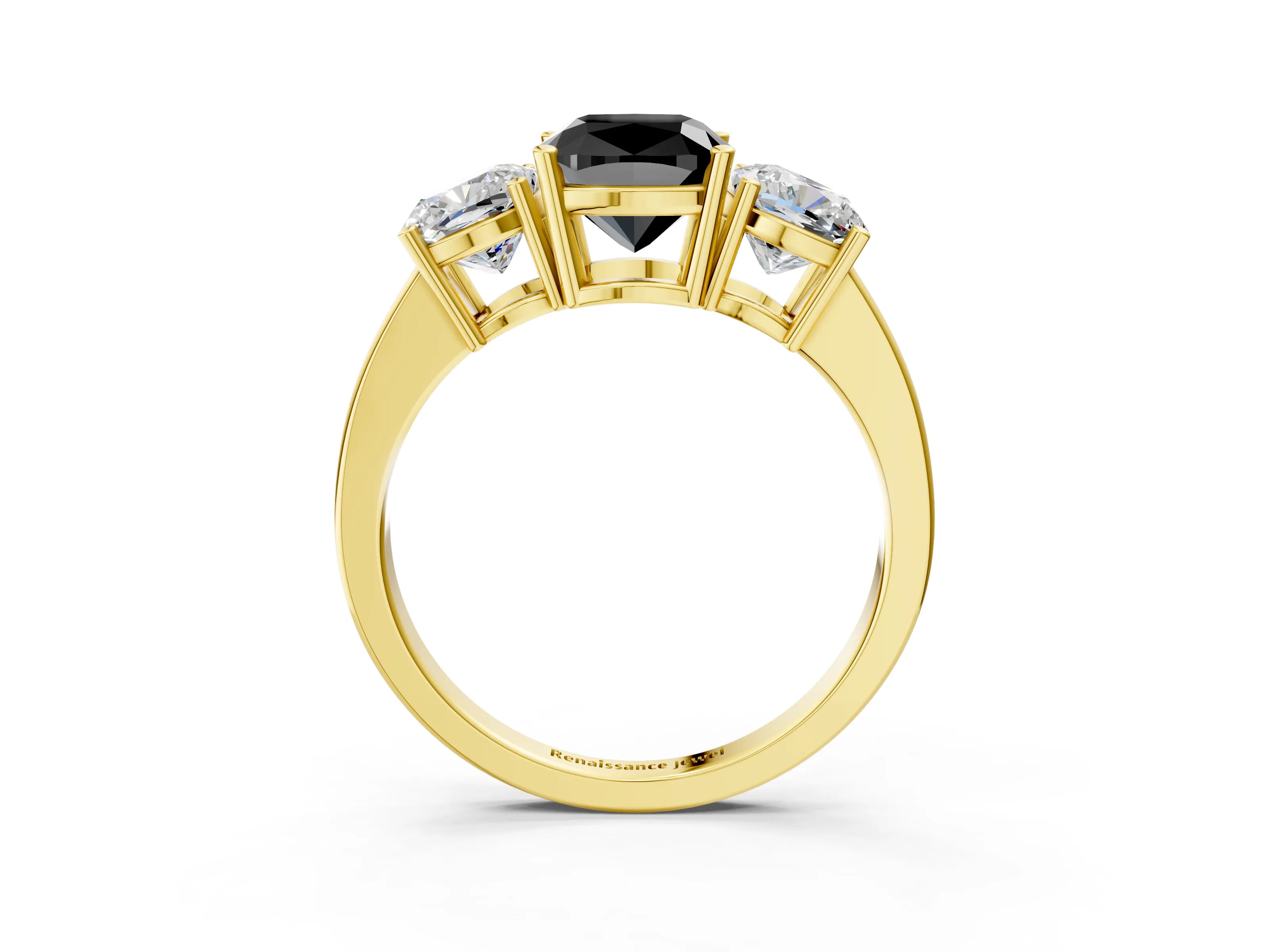 Yellow gold Three-Stone Fancy Black Cushion Cut Cut Diamond Engagement Ring with Flat Band and Four-Prong Setting_15