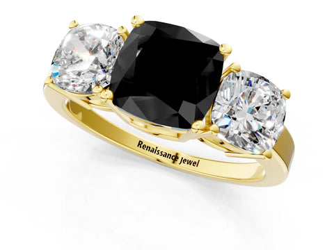 Yellow gold Three-Stone Fancy Black Cushion Cut Cut Diamond Engagement Ring with Flat Band and Four-Prong Setting_1