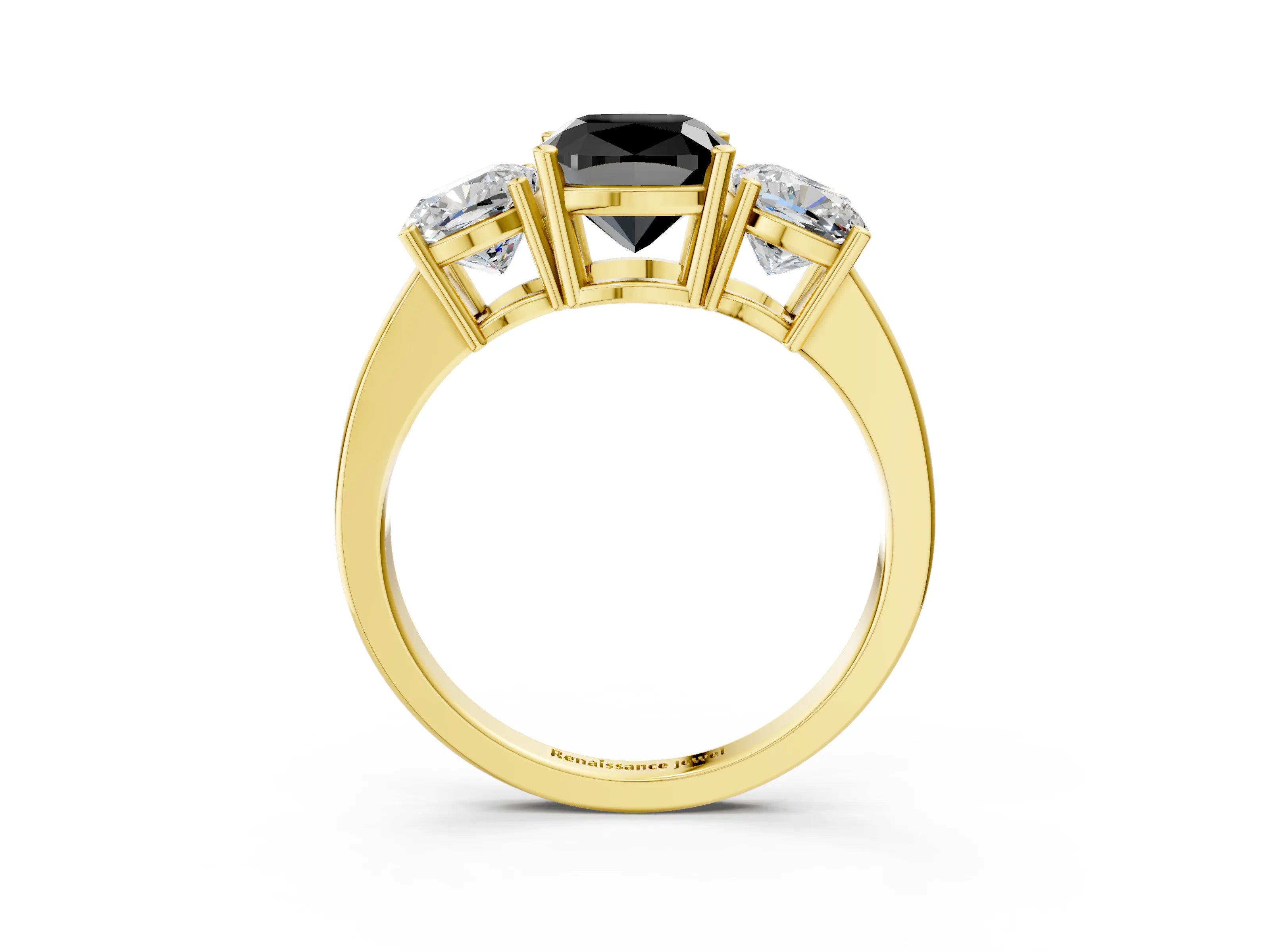 Yellow gold Three-Stone Fancy Black Cushion Cut Cut Diamond Engagement Ring with Flat Band and Four-Prong Setting_3