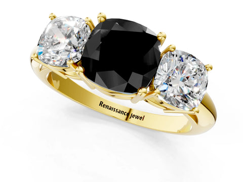 Yellow gold Three-Stone Fancy Black Cushion Cut Cut Diamond Engagement Ring with Prong Setting on a White Gold Band_1