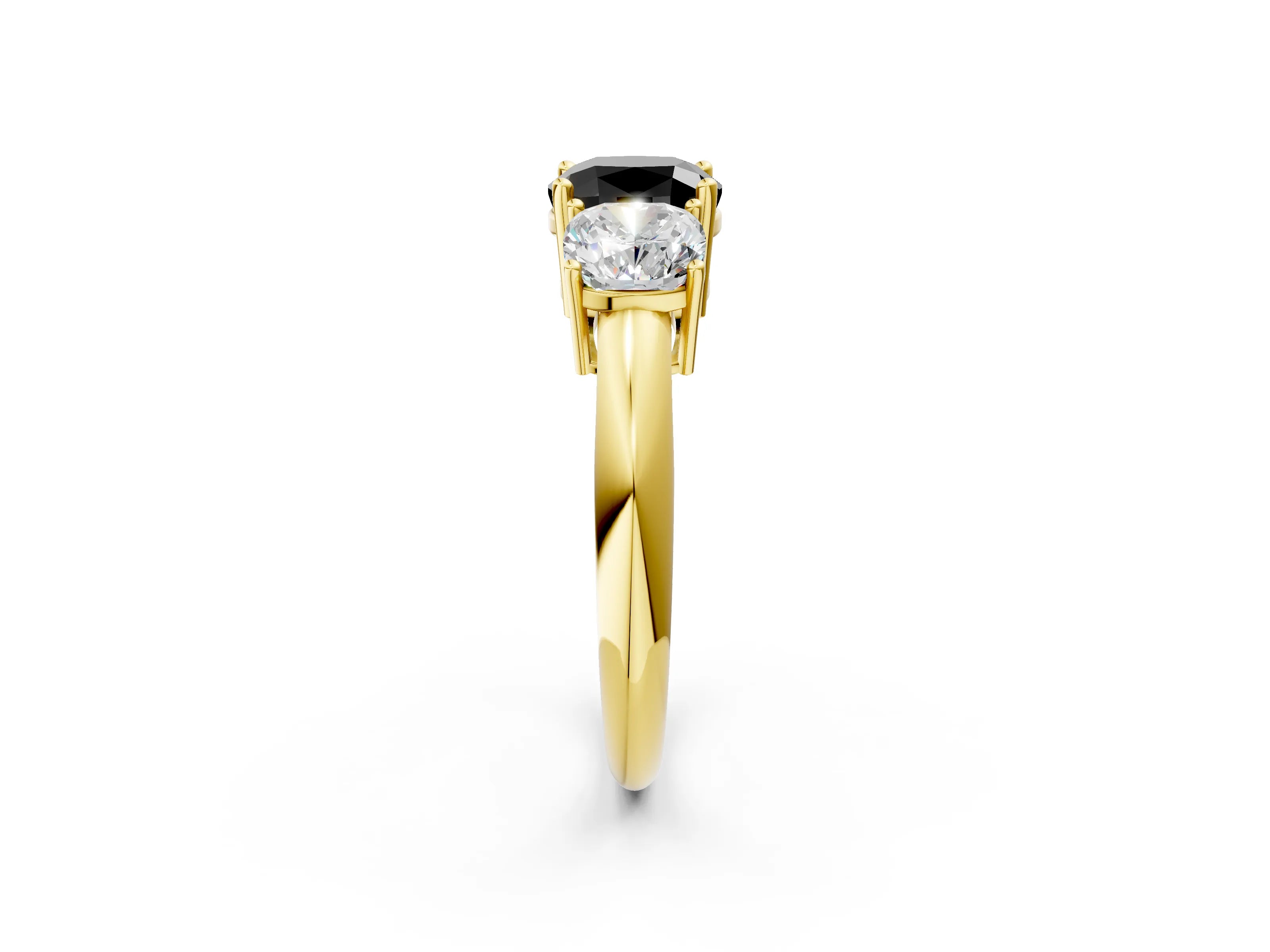 Yellow gold Three-Stone Fancy Black Cushion Cut Cut Diamond Engagement Ring with Prong Setting on a White Gold Band_2