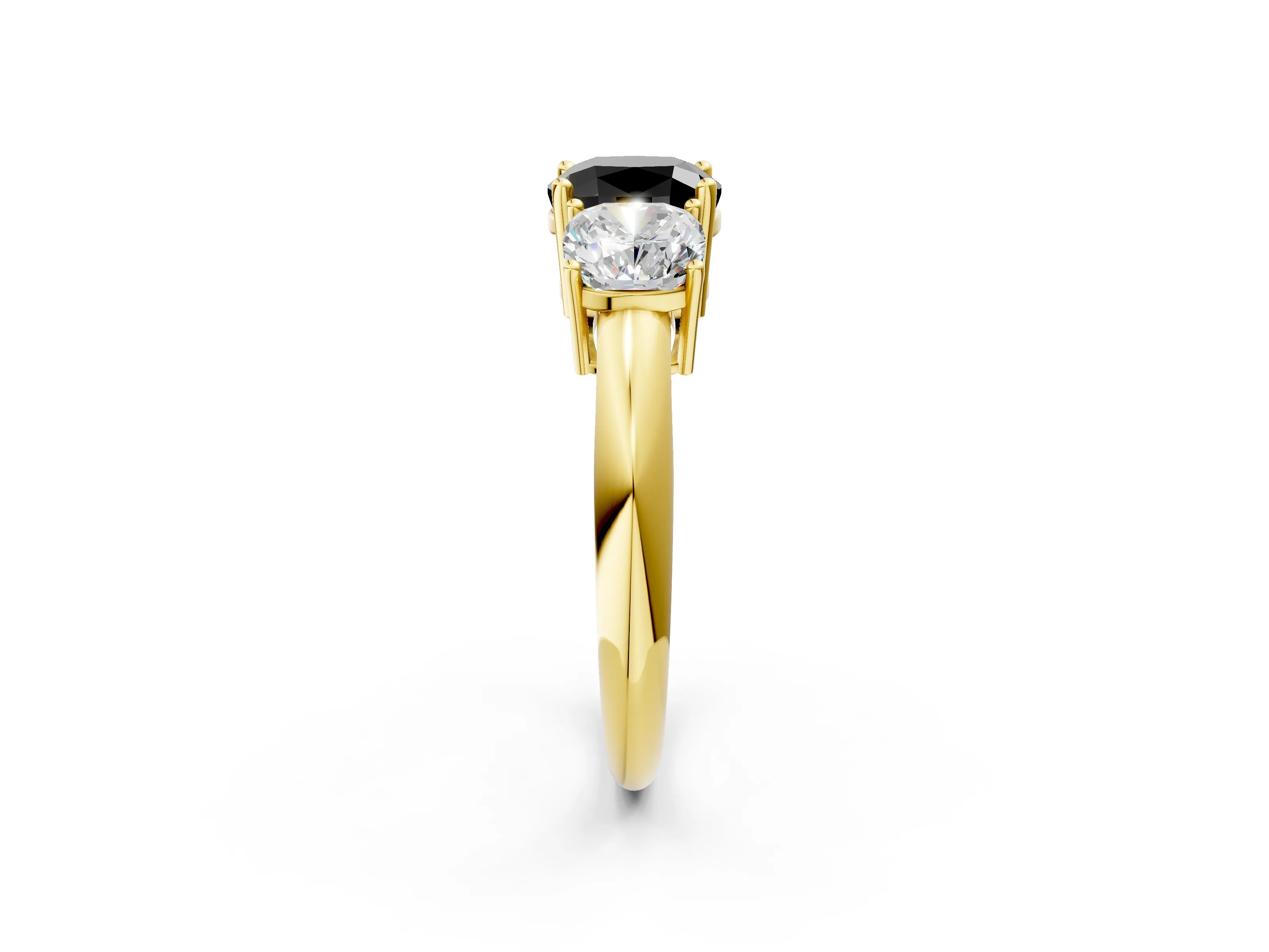 Yellow gold Three-Stone Fancy Black Cushion Cut Cut Diamond Engagement Ring with Prong Setting on a White Gold Band_26
