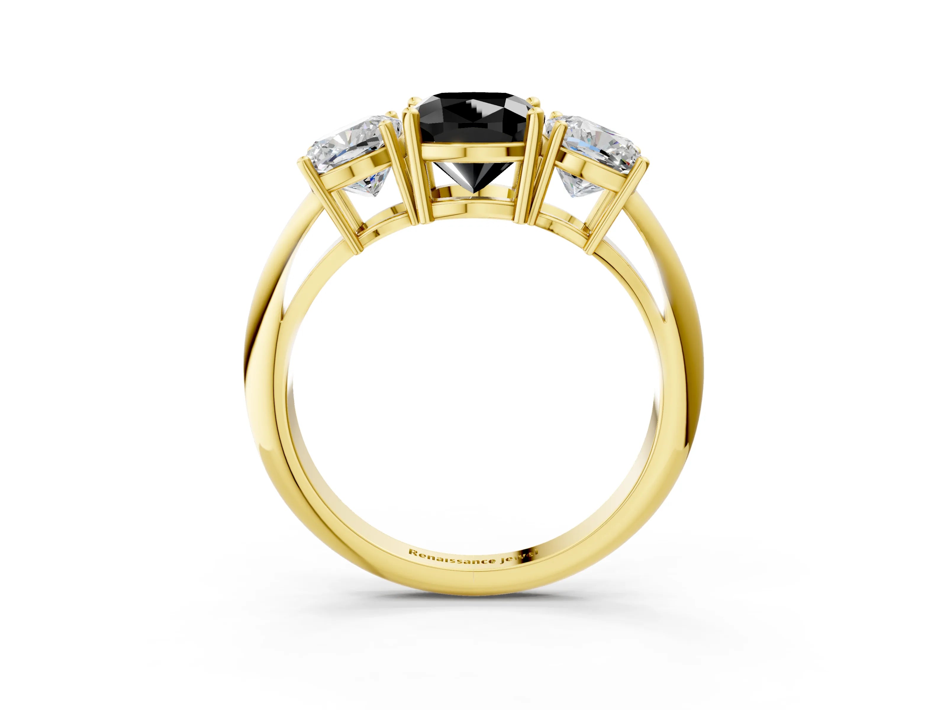 Yellow gold Three-Stone Fancy Black Cushion Cut Cut Diamond Engagement Ring with Prong Setting on a White Gold Band_3