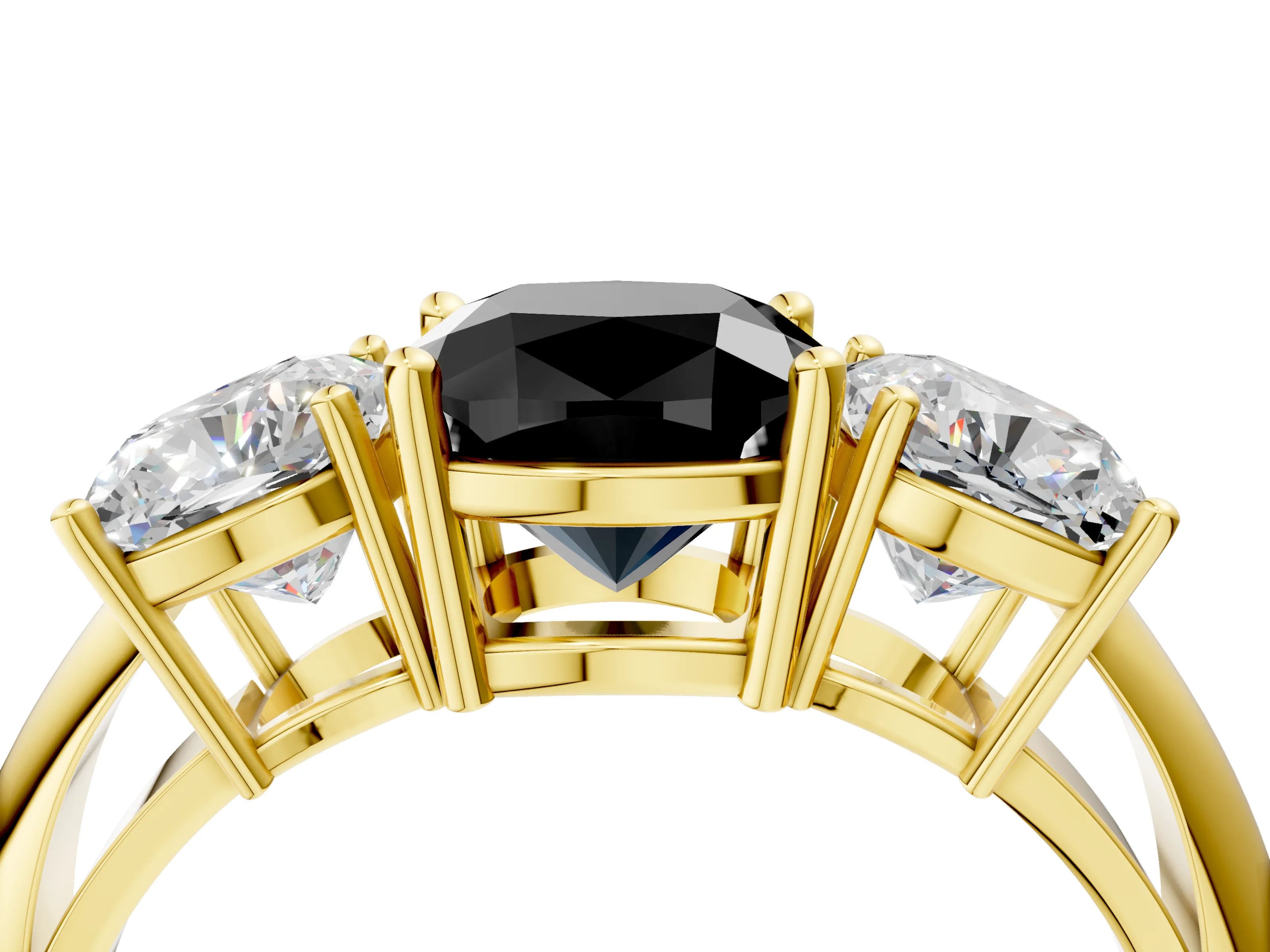 Yellow gold Three-Stone Fancy Black Cushion Cut Cut Diamond Engagement Ring with Prong Setting on a White Gold Band_4