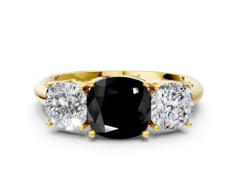 Yellow gold Three-Stone Fancy Black Cushion Cut Cut Diamond Engagement Ring with Prong Setting on a White Gold Band