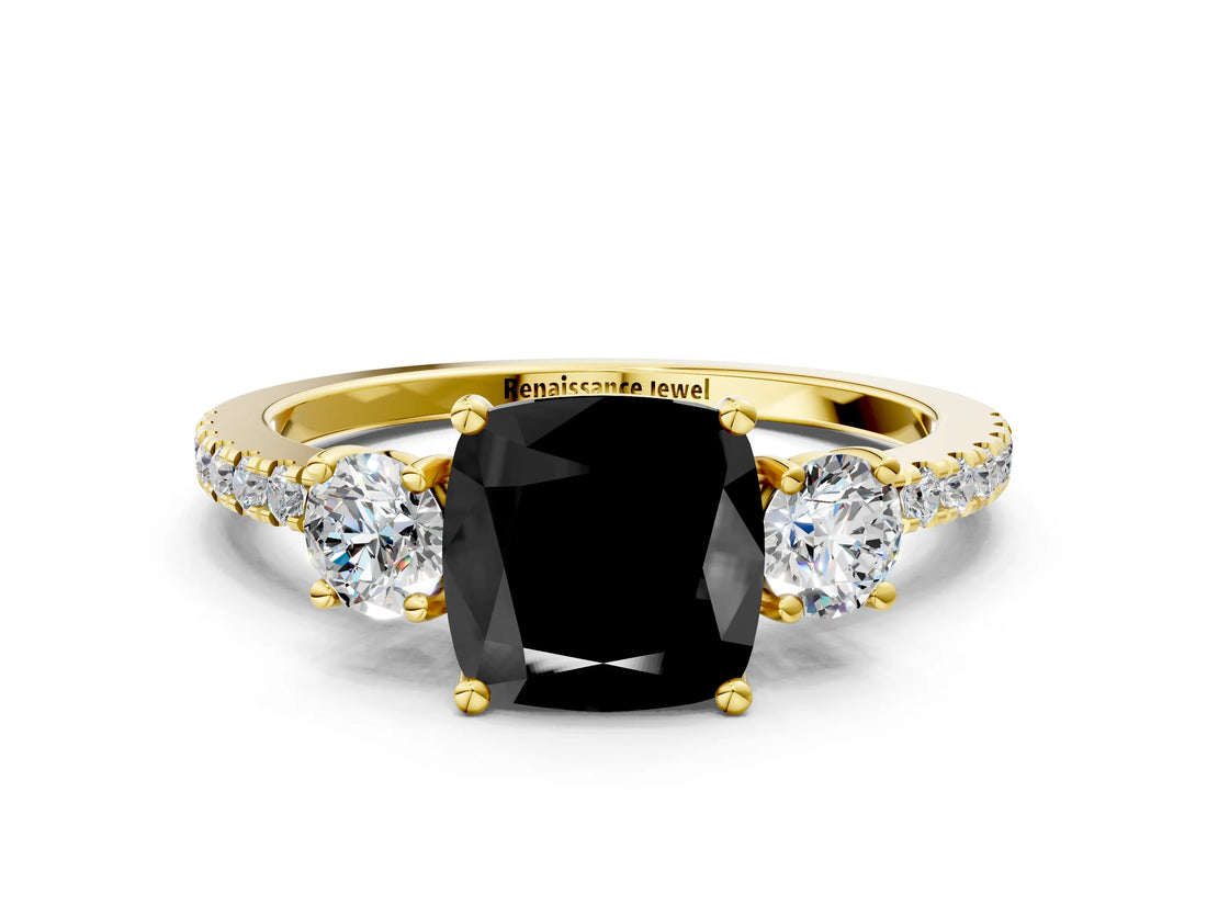 Yellow gold Three-Stone Fancy Black Cushion Cut Cut Diamond Pavé Band with Prong Setting_15