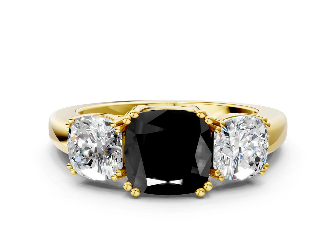 Yellow gold Three-Stone Fancy Black Cushion Cut Cut Diamond Ring with Channel Set Band and Four-Prong Setting