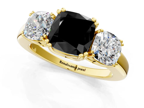 Yellow gold Three-Stone Fancy Black Cushion Cut Cut Diamond Ring with Channel Set Band and Four-Prong Setting_1