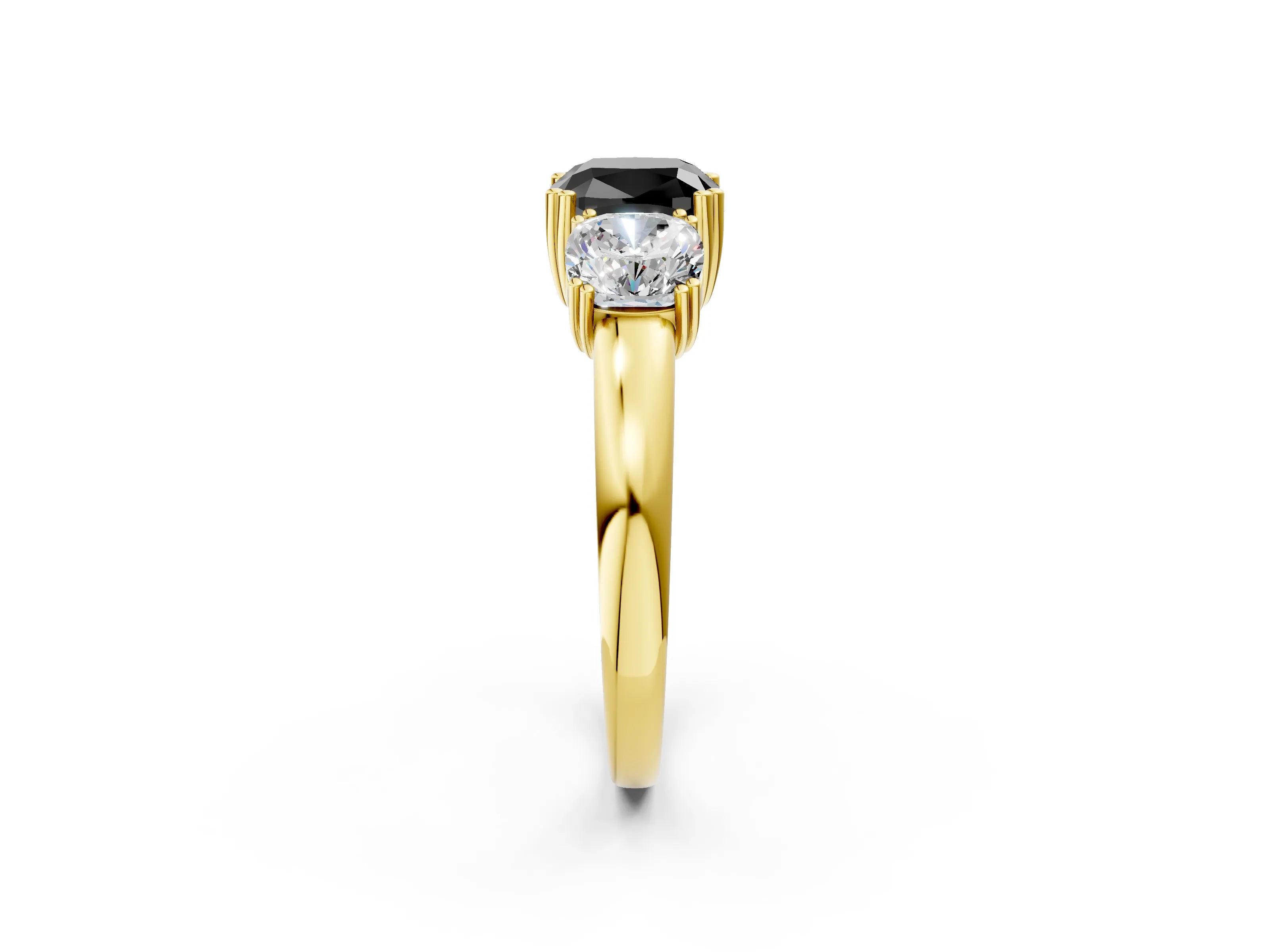 Yellow gold Three-Stone Fancy Black Cushion Cut Cut Diamond Ring with Channel Set Band and Four-Prong Setting_2