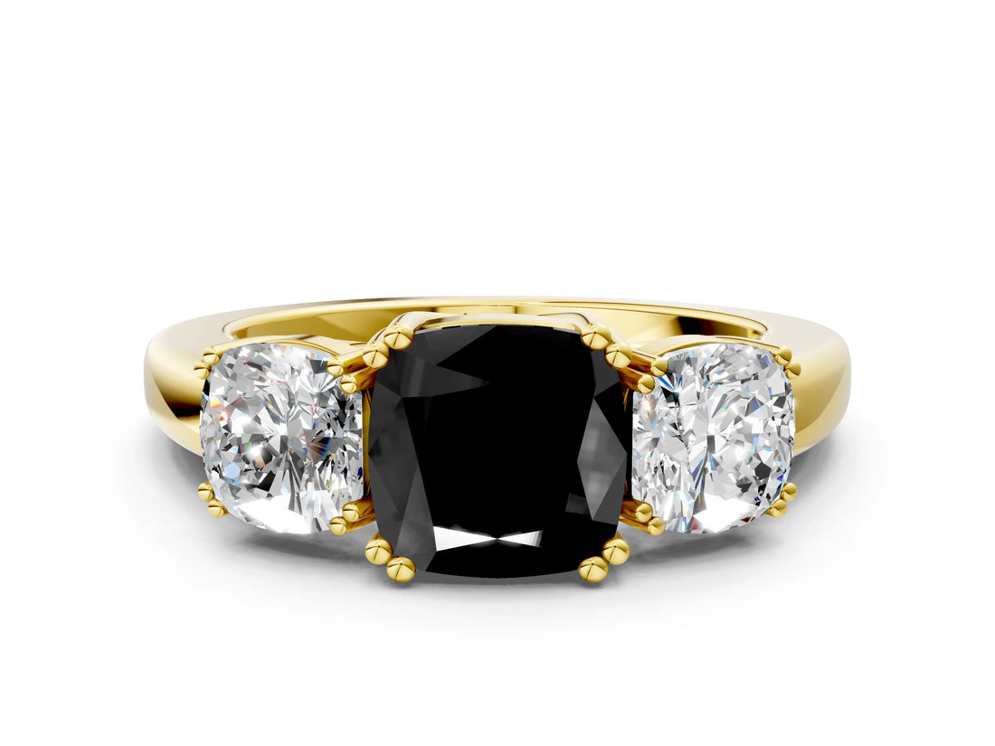 Yellow gold Three-Stone Fancy Black Cushion Cut Cut Diamond Ring with Channel Set Band and Four-Prong Setting_24