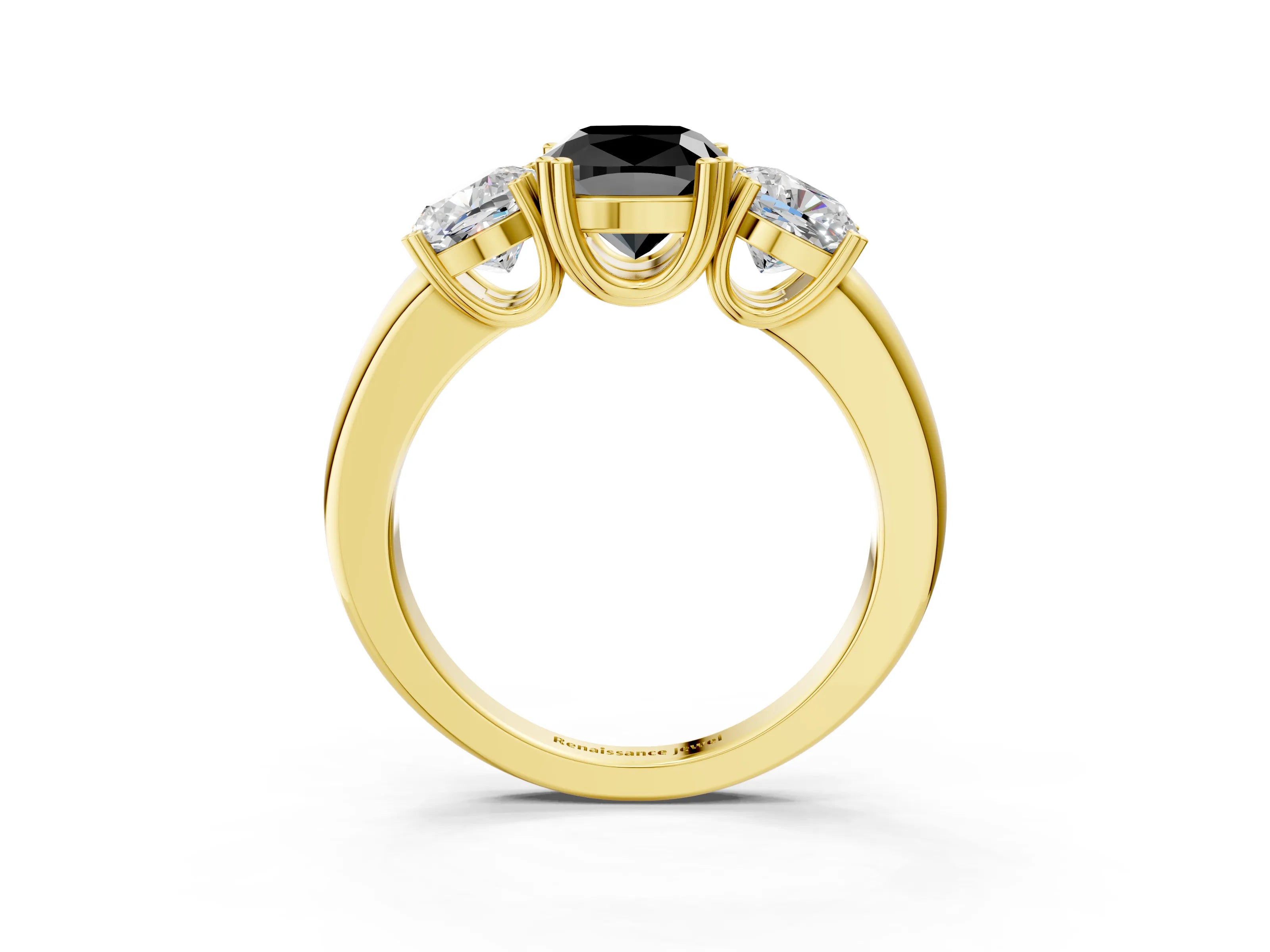 Yellow gold Three-Stone Fancy Black Cushion Cut Cut Diamond Ring with Channel Set Band and Four-Prong Setting_3