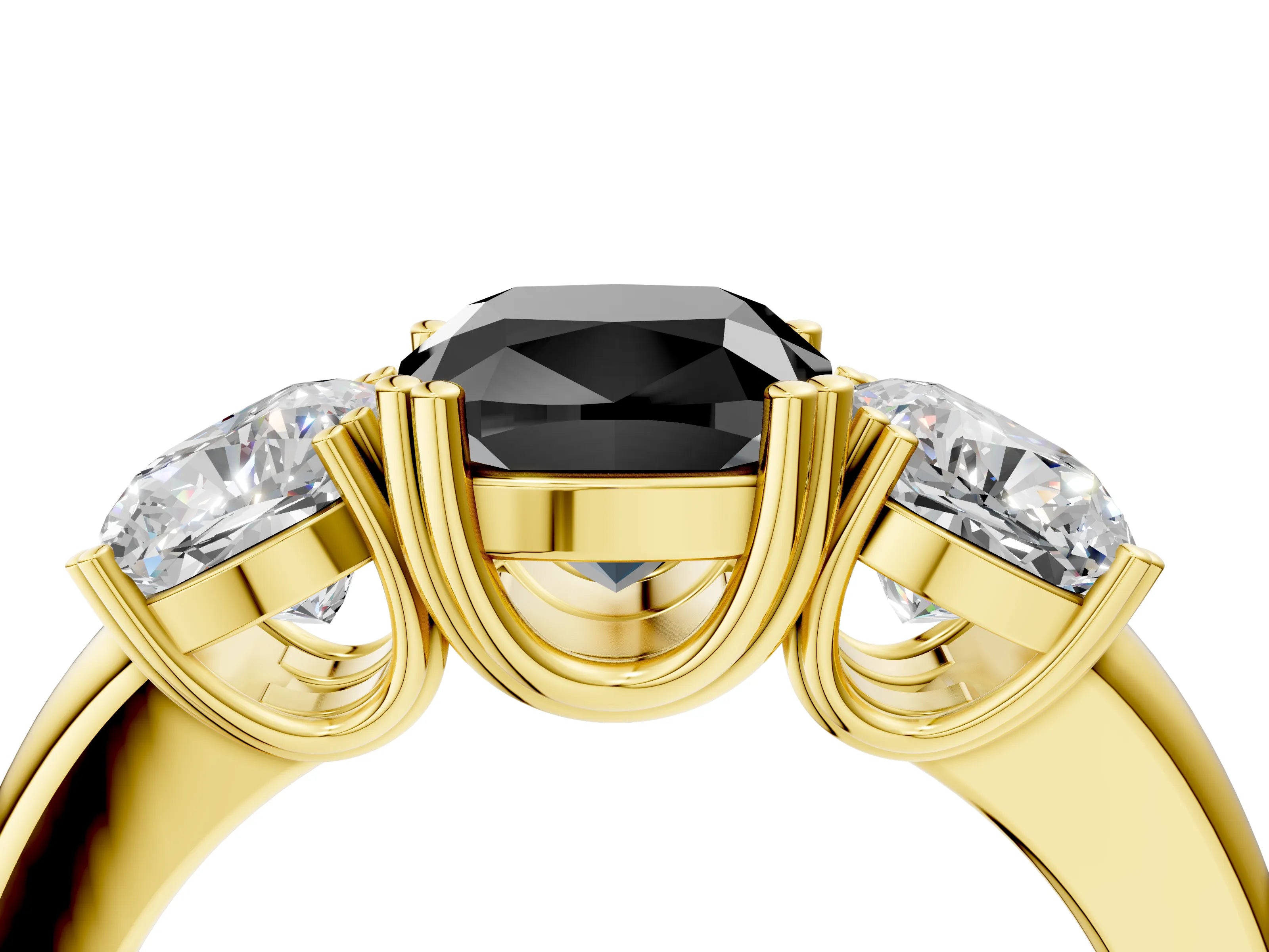 Yellow gold Three-Stone Fancy Black Cushion Cut Cut Diamond Ring with Channel Set Band and Four-Prong Setting_4