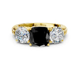 Yellow gold Three-Stone Fancy Black Cushion Cut Cut Diamond Ring with Channel-Set Band and Prong Setting
