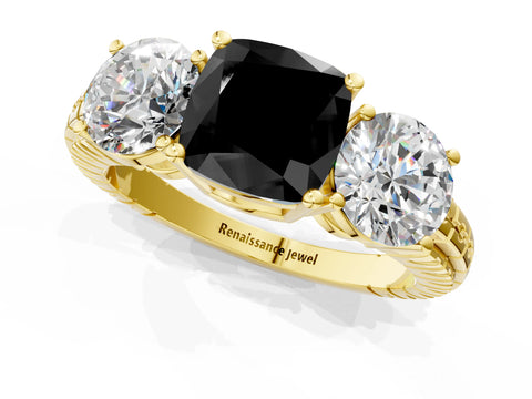 Yellow gold Three-Stone Fancy Black Cushion Cut Cut Diamond Ring with Channel-Set Band and Prong Setting_1