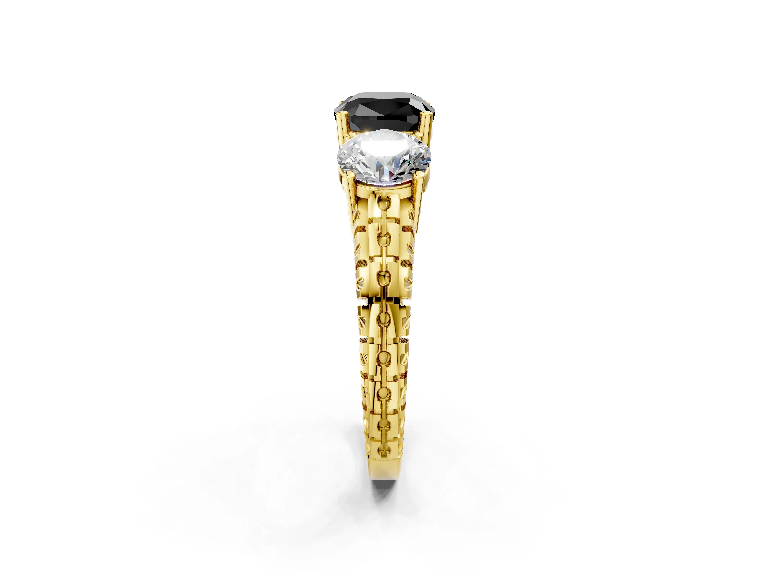 Yellow gold Three-Stone Fancy Black Cushion Cut Cut Diamond Ring with Channel-Set Band and Prong Setting_2