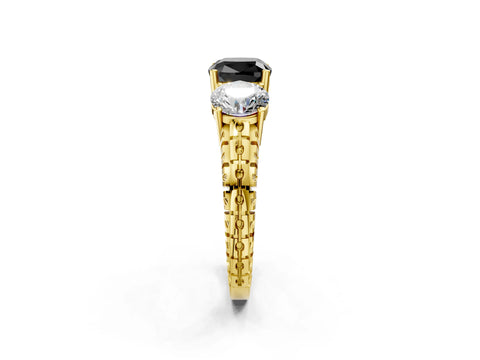 Yellow gold Three-Stone Fancy Black Cushion Cut Cut Diamond Ring with Channel-Set Band and Prong Setting_2