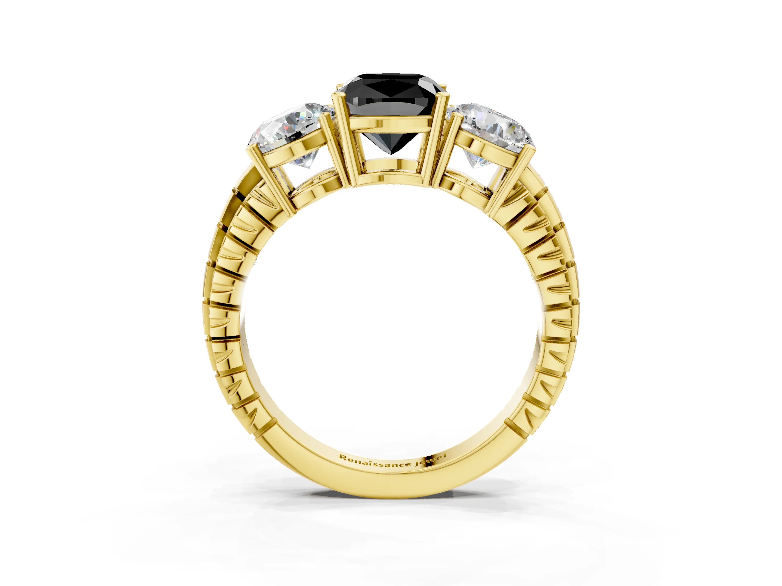 Yellow gold Three-Stone Fancy Black Cushion Cut Cut Diamond Ring with Channel-Set Band and Prong Setting_3