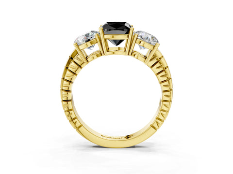 Yellow gold Three-Stone Fancy Black Cushion Cut Cut Diamond Ring with Channel-Set Band and Prong Setting_3