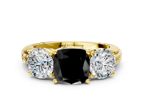 Yellow gold Three-Stone Fancy Black Cushion Cut Cut Diamond Ring with Channel-Set Band and Prong Setting