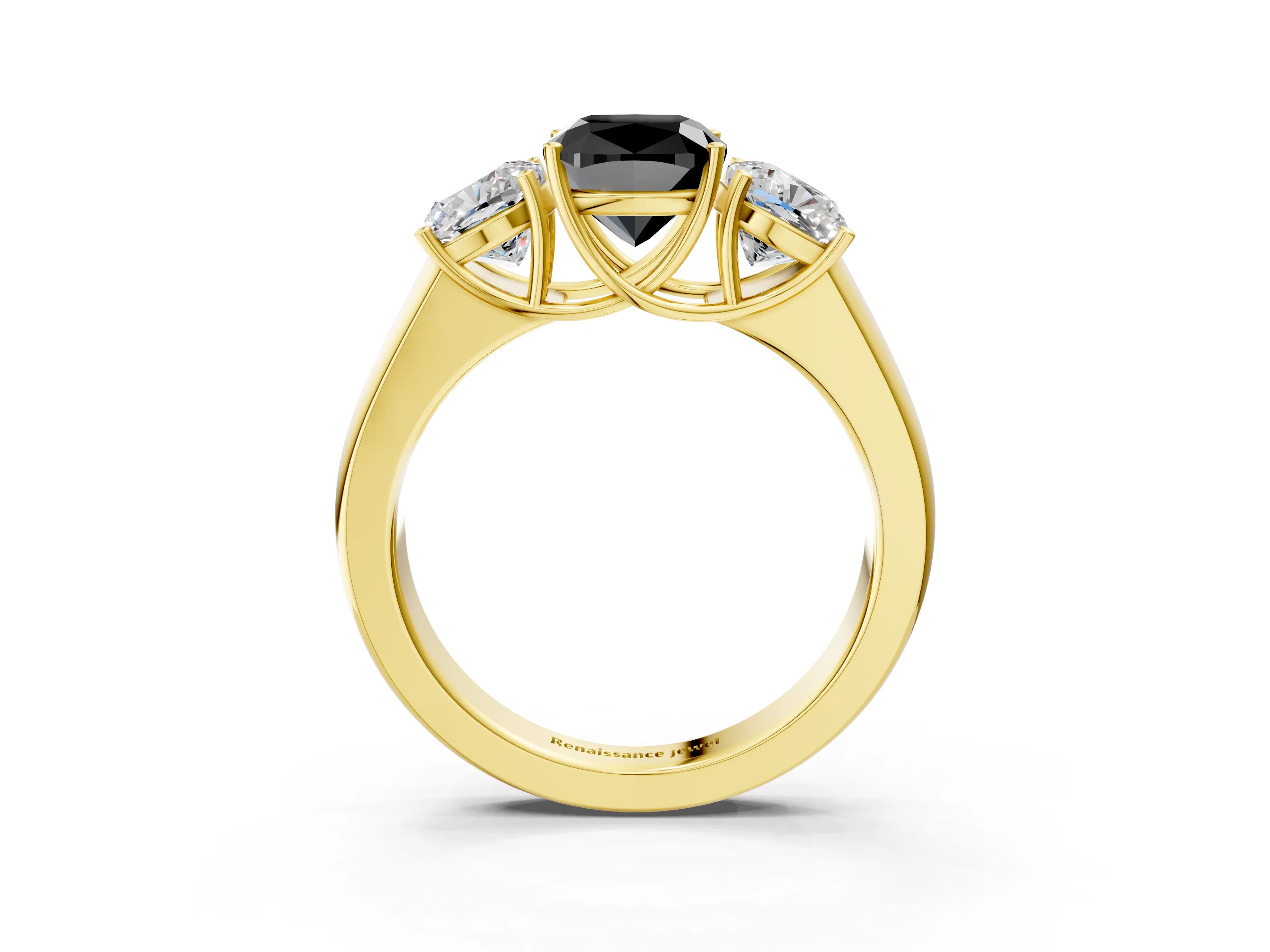 Yellow gold Three-Stone Fancy Black Cushion Cut Cut Diamond Ring with Prong Setting and Classic Band_3