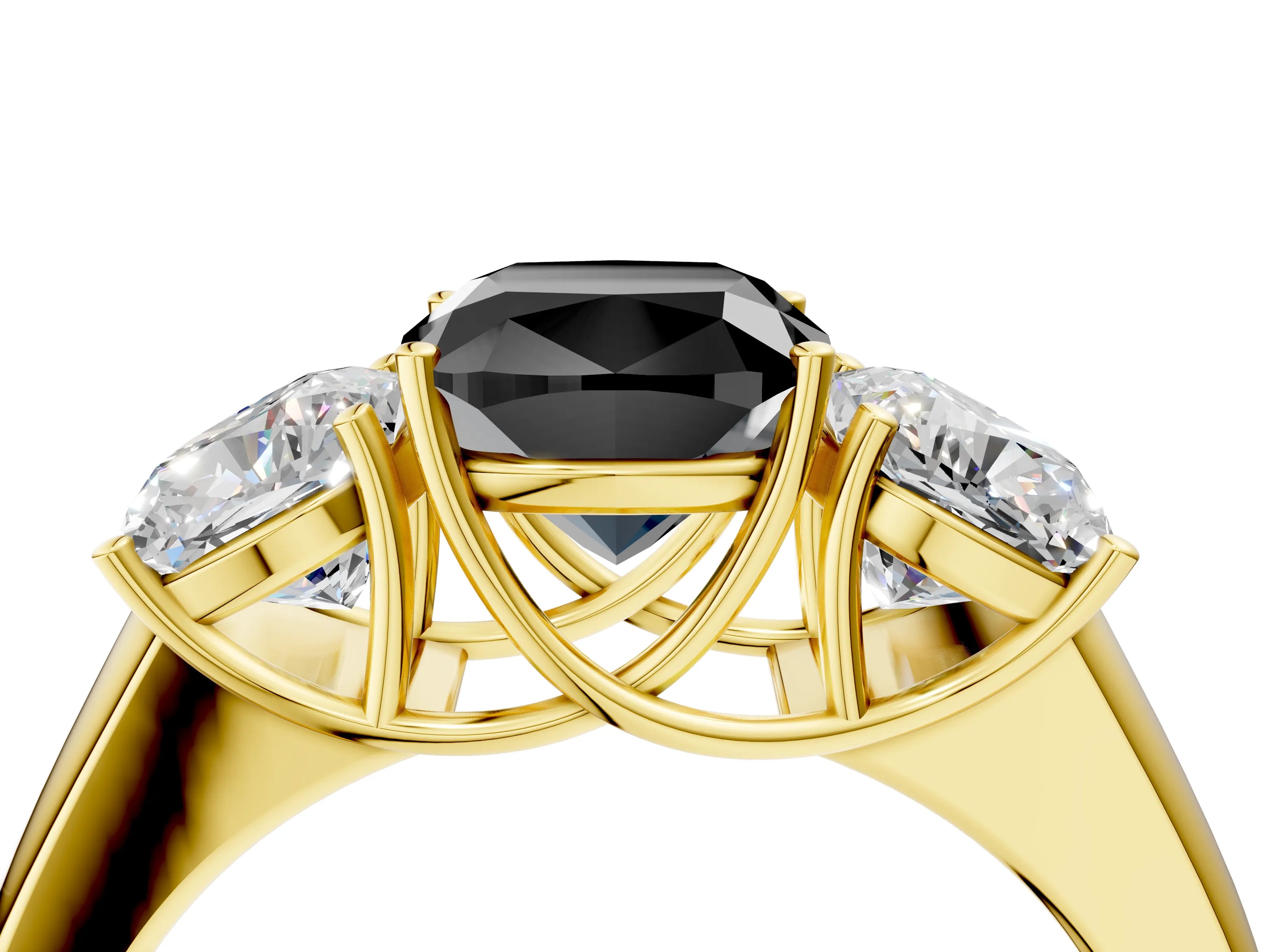 Yellow gold Three-Stone Fancy Black Cushion Cut Cut Diamond Ring with Prong Setting and Classic Band_4