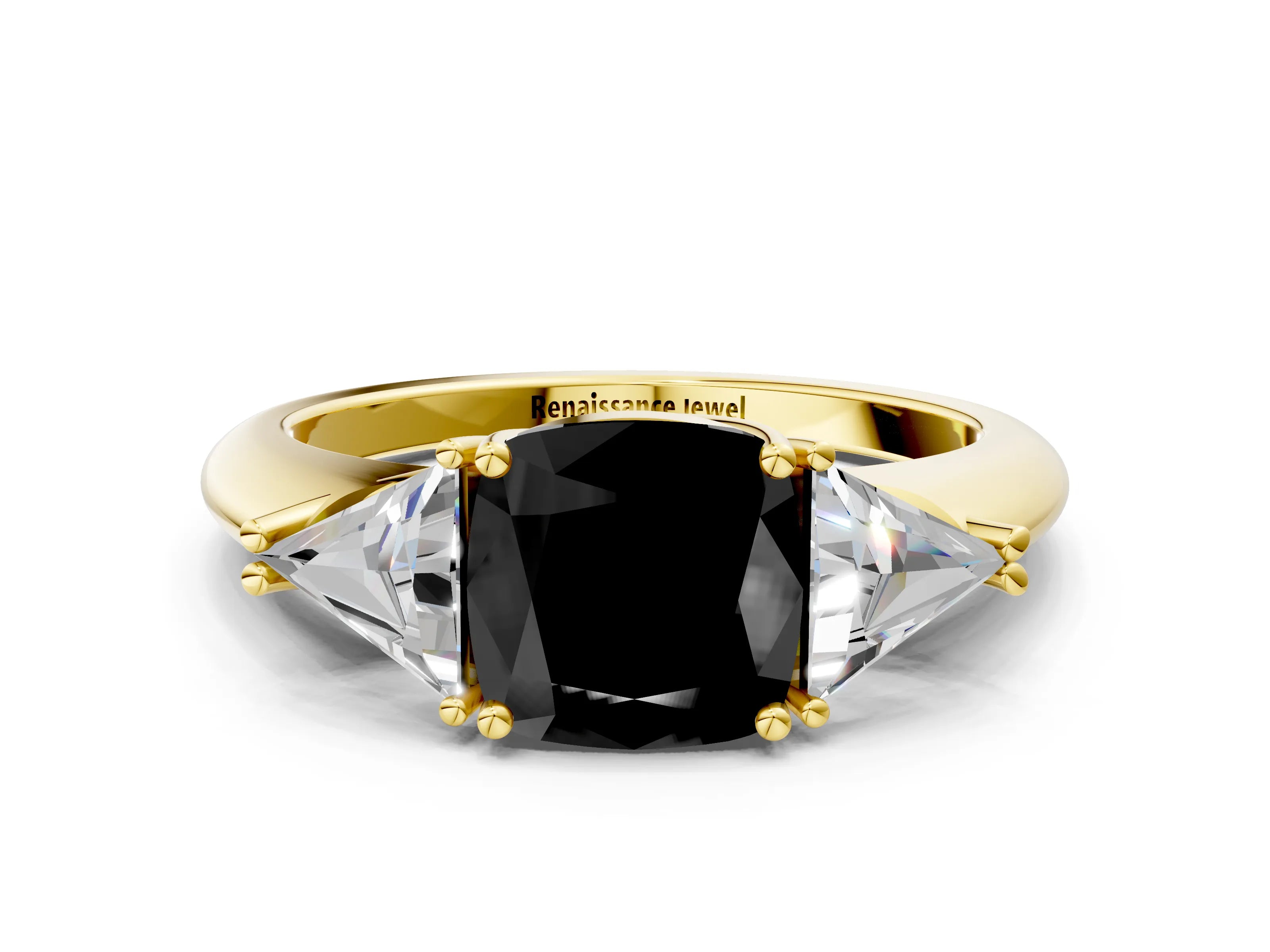 Yellow gold Three-Stone Fancy Black Cushion Cut Cut Diamond Ring with Trillion Side Stones and Four-Prong Setting_3