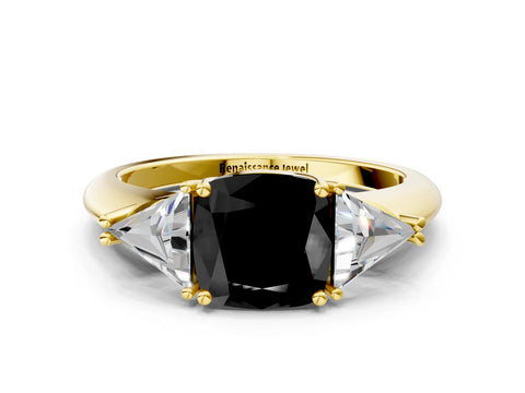 Yellow gold Three-Stone Fancy Black Cushion Cut Cut Diamond Ring with Trillion Side Stones and Four-Prong Setting_3