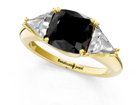 Yellow gold Three-Stone Fancy Black Cushion Cut Cut Diamond Ring with Trillion Side Stones and Four-Prong Setting_4