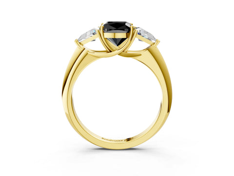 Yellow gold Three-Stone Fancy Black Cushion Cut Cut Diamond Ring with Trillion Side Stones and Four-Prong Setting_6