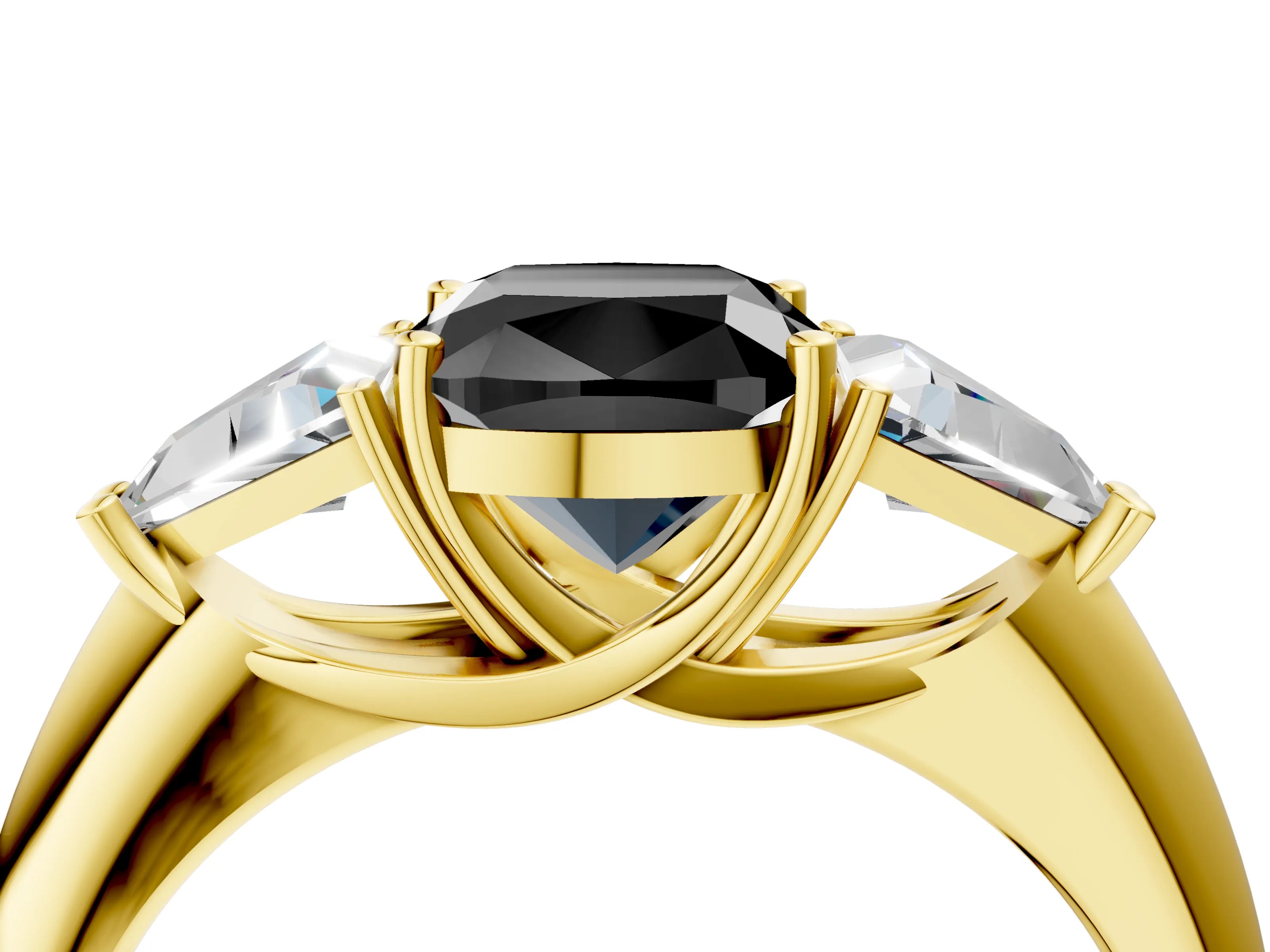 Yellow gold Three-Stone Fancy Black Cushion Cut Cut Diamond Ring with Trillion Side Stones and Four-Prong Setting_7