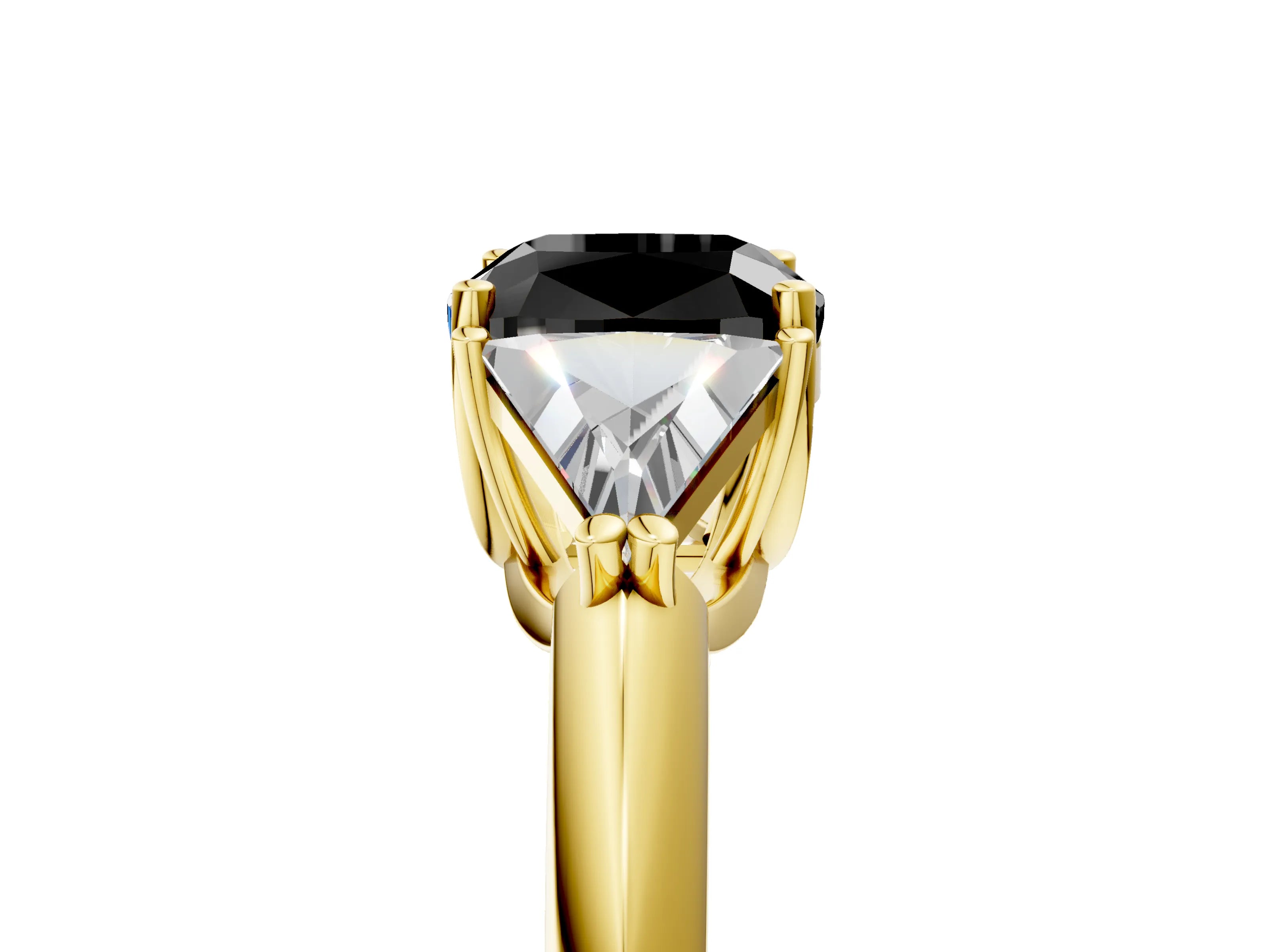 Yellow gold Three-Stone Fancy Black Cushion Cut Cut Diamond Ring with Trillion Side Stones and Four-Prong Setting_8