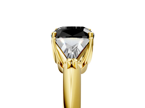 Yellow gold Three-Stone Fancy Black Cushion Cut Cut Diamond Ring with Trillion Side Stones and Four-Prong Setting_8