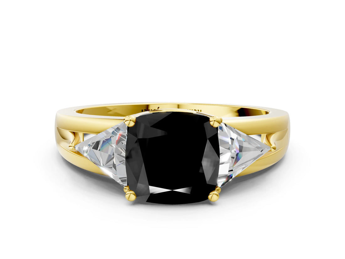 Yellow gold Three-Stone Fancy Black Cushion Cut Cut Diamond Ring with Trillion Side Stones on a Split Shank Band