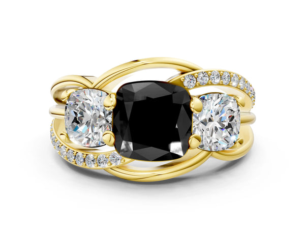 Yellow Gold Cushion Cut Three Stone Split Shank Engagement Ring Setting for Black Center