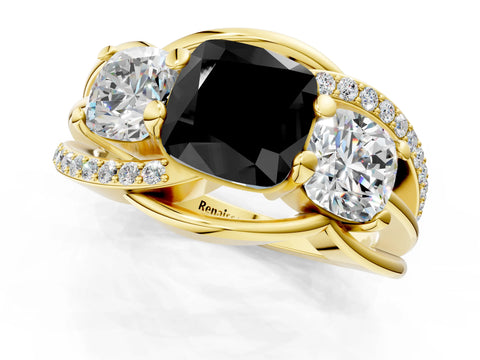 Yellow gold Three-Stone Fancy Black Cushion Cut Cut Diamond Split Shank Prong Set Ring_1