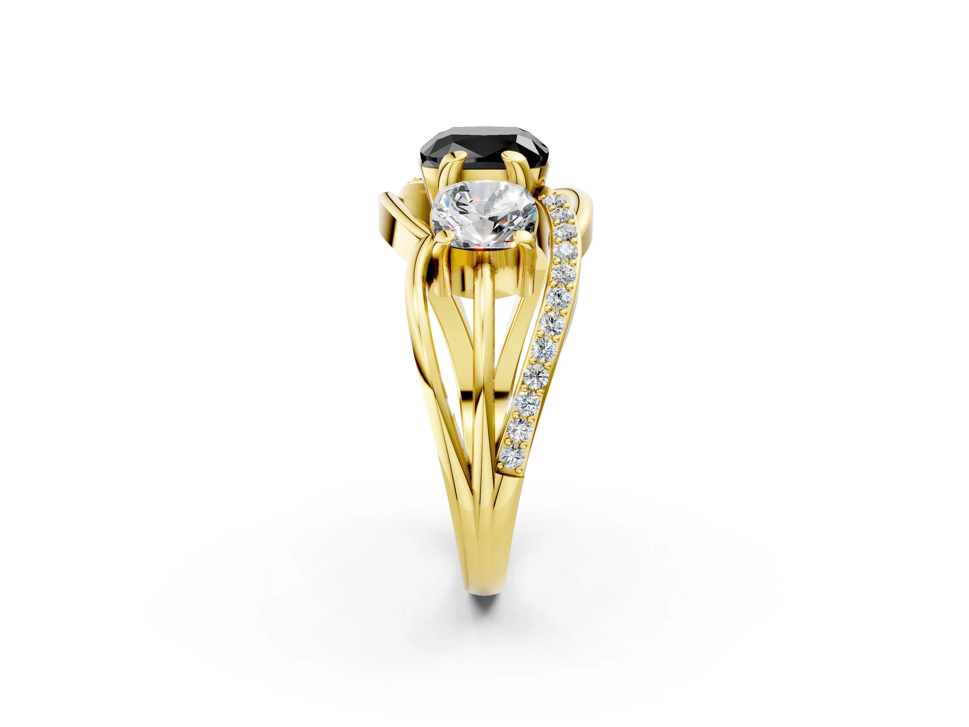Yellow gold Three-Stone Fancy Black Cushion Cut Cut Diamond Split Shank Prong Set Ring_2