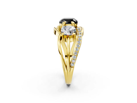 Yellow gold Three-Stone Fancy Black Cushion Cut Cut Diamond Split Shank Prong Set Ring_2