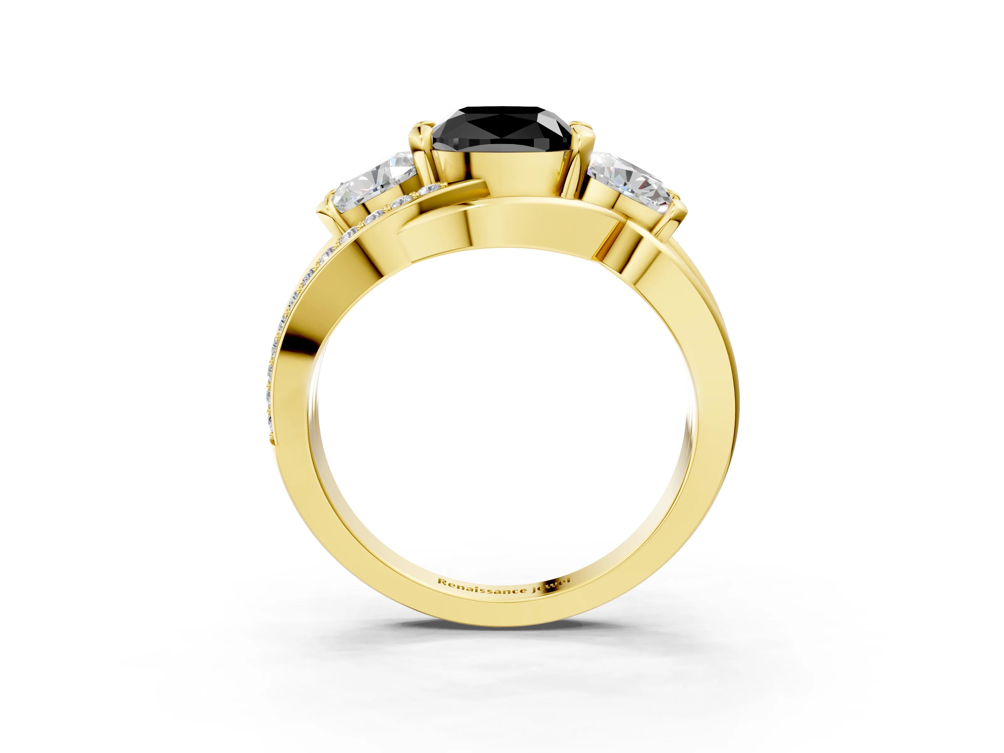 Yellow gold Three-Stone Fancy Black Cushion Cut Cut Diamond Split Shank Prong Set Ring_3