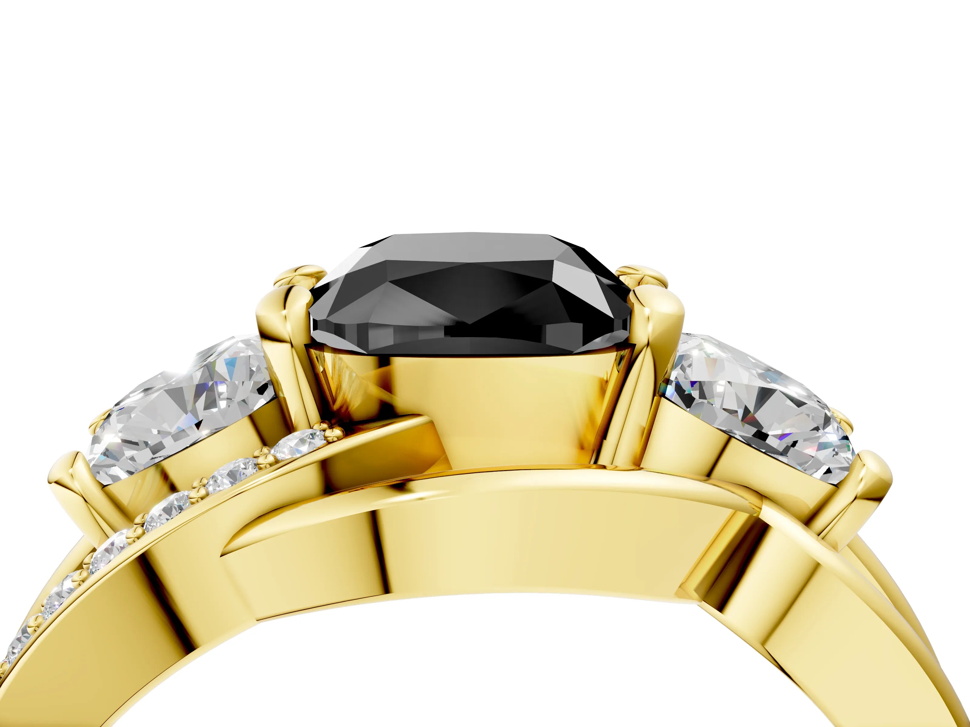 Yellow gold Three-Stone Fancy Black Cushion Cut Cut Diamond Split Shank Prong Set Ring_4