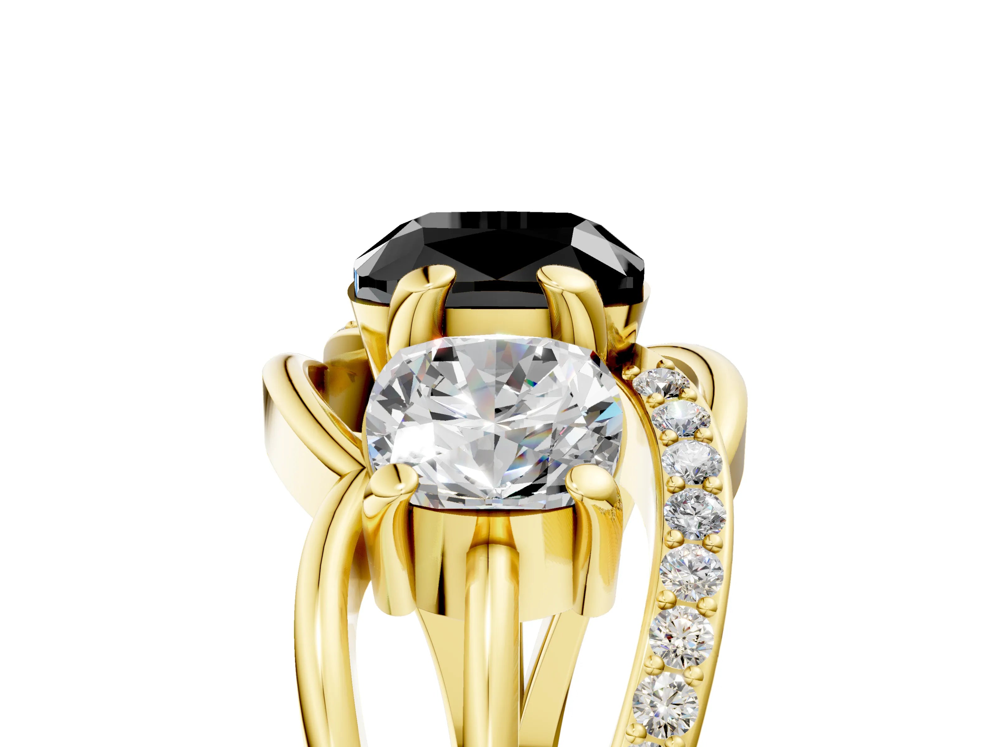 Yellow gold Three-Stone Fancy Black Cushion Cut Cut Diamond Split Shank Prong Set Ring_5