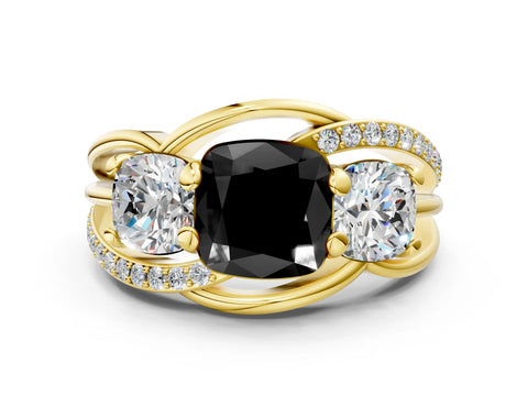 Yellow gold Three-Stone Fancy Black Cushion Cut Cut Diamond Split Shank Prong Set Ring