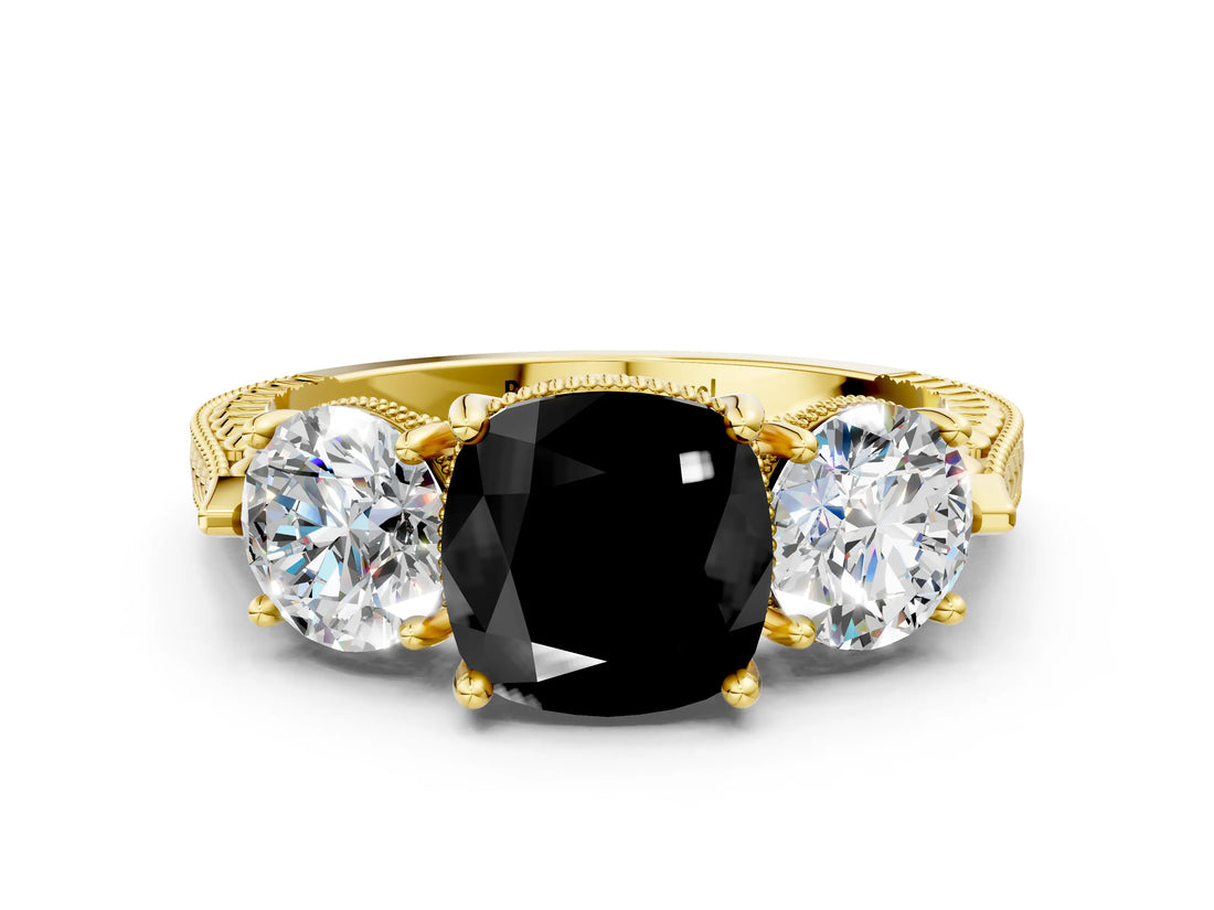 Yellow gold Three-Stone Fancy Black Cushion Cut Cut Milgrain Band Prong Setting Ring