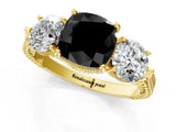 Yellow gold Three-Stone Fancy Black Cushion Cut Cut Milgrain Band Prong Setting Ring_1