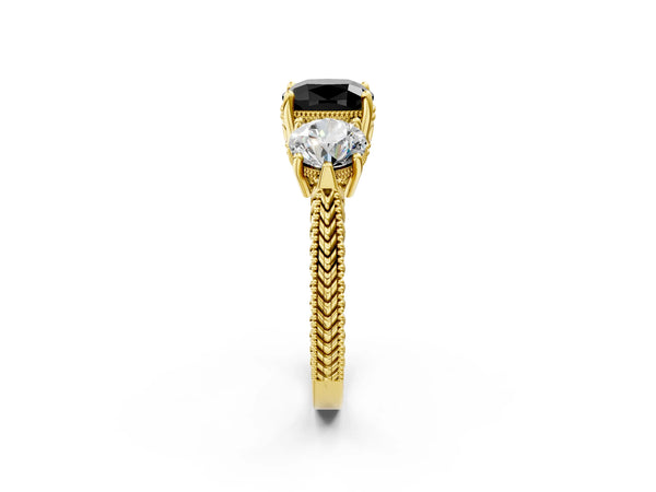 Yellow Gold Cushion Cut Vintage Three Stone Engagement Ring Setting for Black Center