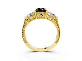 Yellow gold Three-Stone Fancy Black Cushion Cut Cut Milgrain Band Prong Setting Ring_3