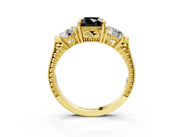 Yellow Gold Cushion Cut Vintage Three Stone Engagement Ring Setting for Black Center
